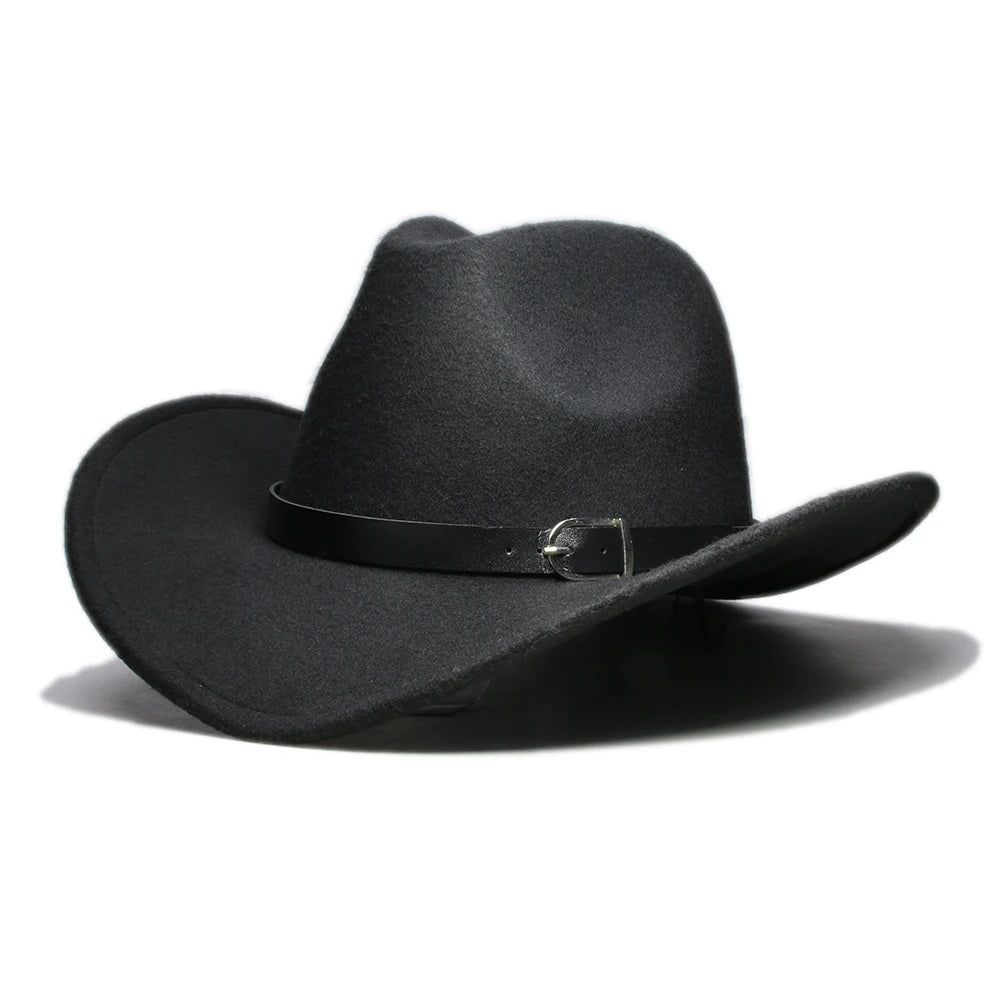 Vintage Winter Parent-child Women Men /Kid Wool Wide Brim Cowboy Western Hat Cowgirl Bowler Cap Black Leather Band (61/57//54cm)