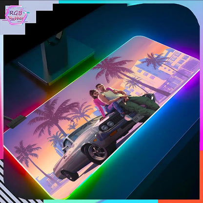 GTA 6  Mouse Pad RGB Pc Accessories LED Game Desk Mat E-sport Table Protector Neon Keyboard Mat Backlit Carpet Rug Give gifts to