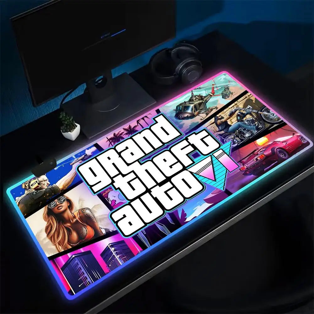 Super Game G-GTA-6 Mouse Pad Anime Gaming Mouse Pad LED Table Pads Backlit Rubber Desktop XXL Mousepad RGB Desk Mats