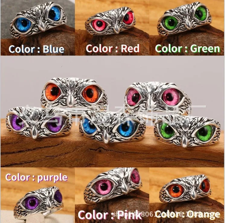 Charming Fashion Design Owl Rings Multicolor Eyes Silvery for Men Women Punk Gothic Open Adjustable Rings Jewelry Gift Resizable