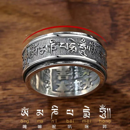 Retro Thai Silver Tibetan Six-character Mantra Ring Men Women Jewelry Can Turn Personality Luck Male Buddhist Ring Much Size