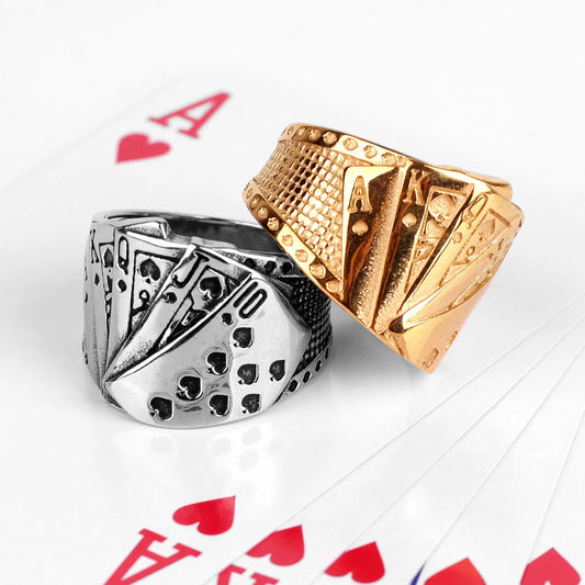 316L Stainless Steel Straight Flush Poker Men Ring Hip Hop Good Lucky Talisman Biker Ring for Men Boy Fashion Jewelry Gift