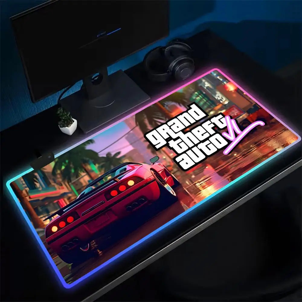 Super Game G-GTA-6 Mouse Pad Anime Gaming Mouse Pad LED Table Pads Backlit Rubber Desktop XXL Mousepad RGB Desk Mats