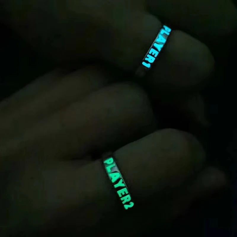 Luminous Ring for Couple Creative Glowing In The Dark Player 1 Player 2 Matching Gaming Ring for Women Men Valentine's Day Gift