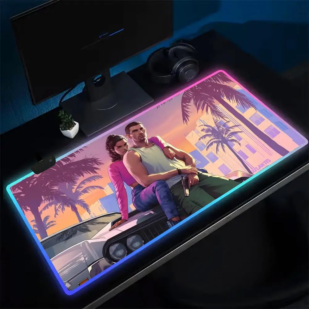 Super Game G-GTA-6 Mouse Pad Anime Gaming Mouse Pad LED Table Pads Backlit Rubber Desktop XXL Mousepad RGB Desk Mats