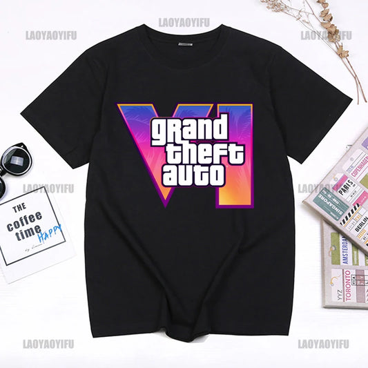 Grand Theft Auto GTA 6 T-Shirts Game Print Streetwear Men Women Casual Fashion  T Shirt Cotton Tees Tops Man Clothing