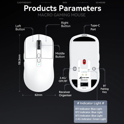 X6 Lightweight Wireless Gaming Mouse with 3 Mode Wired 2.4G BT5.2 Up to 26K DPI RGB Backlight Charging Base for Laptop Deskbtop