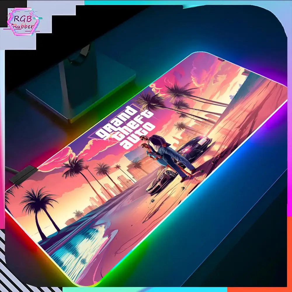 GTA 6  Mouse Pad RGB Pc Accessories LED Game Desk Mat E-sport Table Protector Neon Keyboard Mat Backlit Carpet Rug Give gifts to