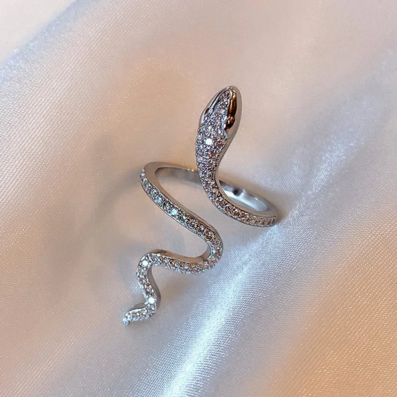 Sliver Gold Color Micro-Inlaid Zircon Snake Ring Finger Ring Fashion Punk Boy Girl Birthday Snake Ring Personality Jewelry