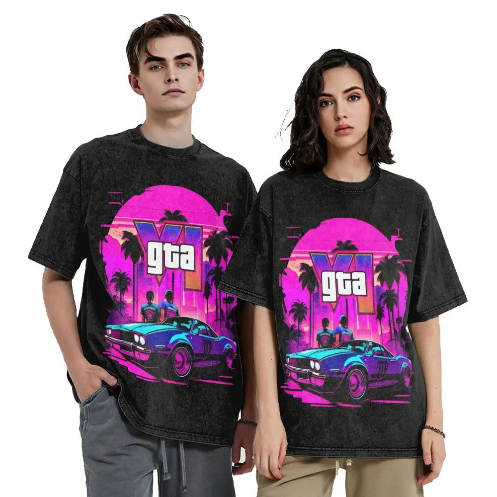 Jason And Lucia GTA 6 T Shirts Washed 100% Cotton T-Shirt New Game Vintage Men Women Tops Streetwear Graphic Printed Tees