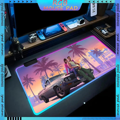 GTA 6  Mouse Pad RGB Pc Accessories LED Game Desk Mat E-sport Table Protector Neon Keyboard Mat Backlit Carpet Rug Give gifts to