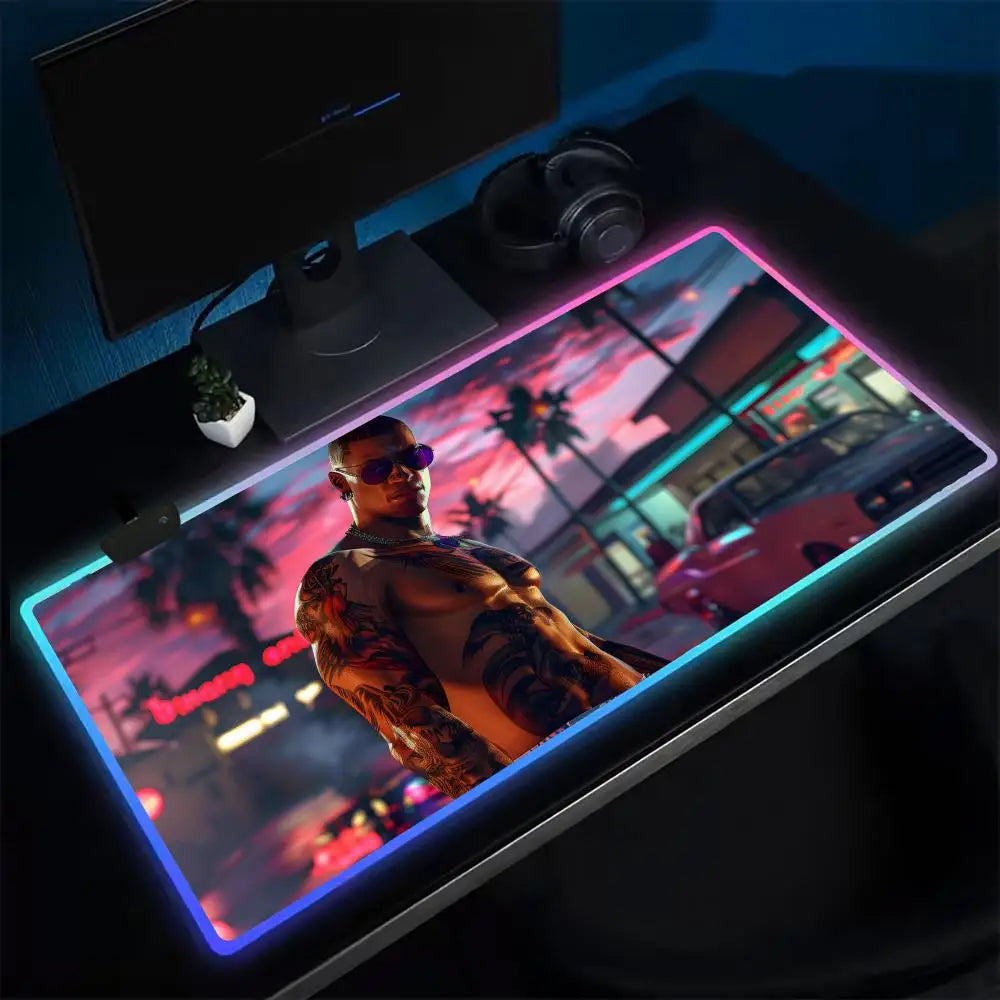 Super Game G-GTA-6 Mouse Pad Anime Gaming Mouse Pad LED Table Pads Backlit Rubber Desktop XXL Mousepad RGB Desk Mats